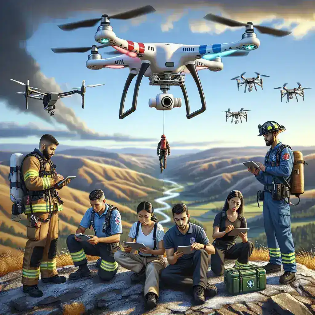 "Drone em operação de resgate, sobrevoando uma área de emergência para ajudar no salvamento de vítimas, ilustrando o uso inovador de tecnologia em operações de emergência."